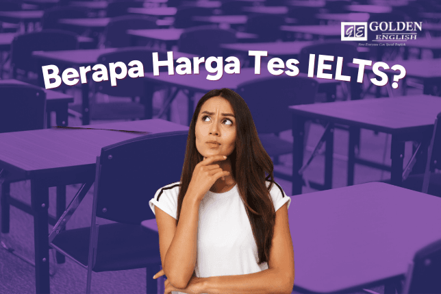 Gambar wanita dengan teks berapa harga tes ielts